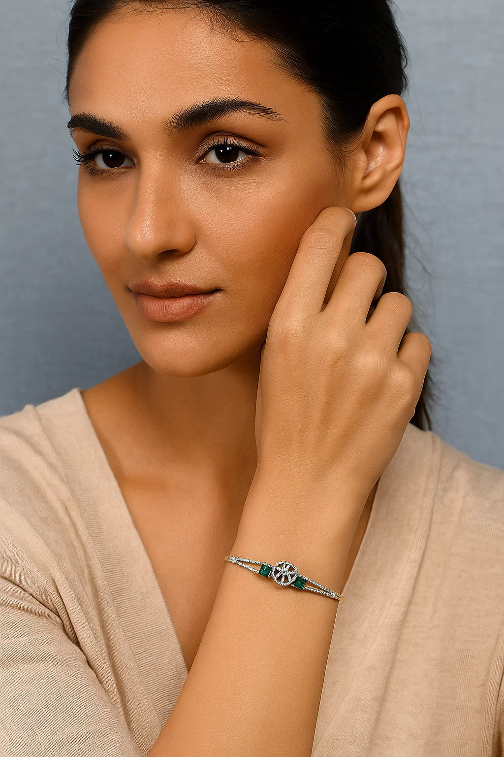 Elegant Green Stone CZ Diamond Open Bracelet Premium Gold Finish