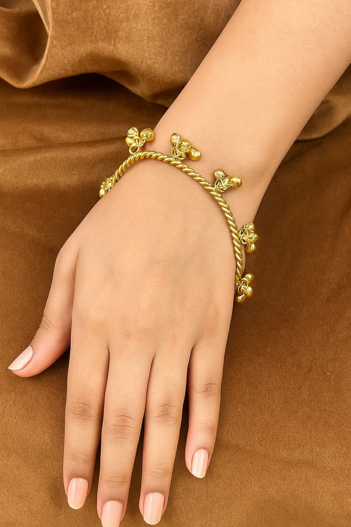 Traditional Gold-Tone Twisted Kada with Ghungroo Charms Ethnic Women’s Bangle