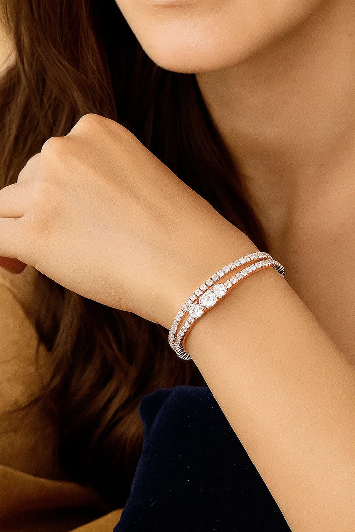 Premium Rose Gold Double-Line CZ Bangles Elegant Diamond Look Set