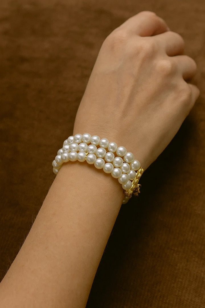 Triple Layer Pearl Elegance Bracelet Classic White Pearls with Gold Detailing
