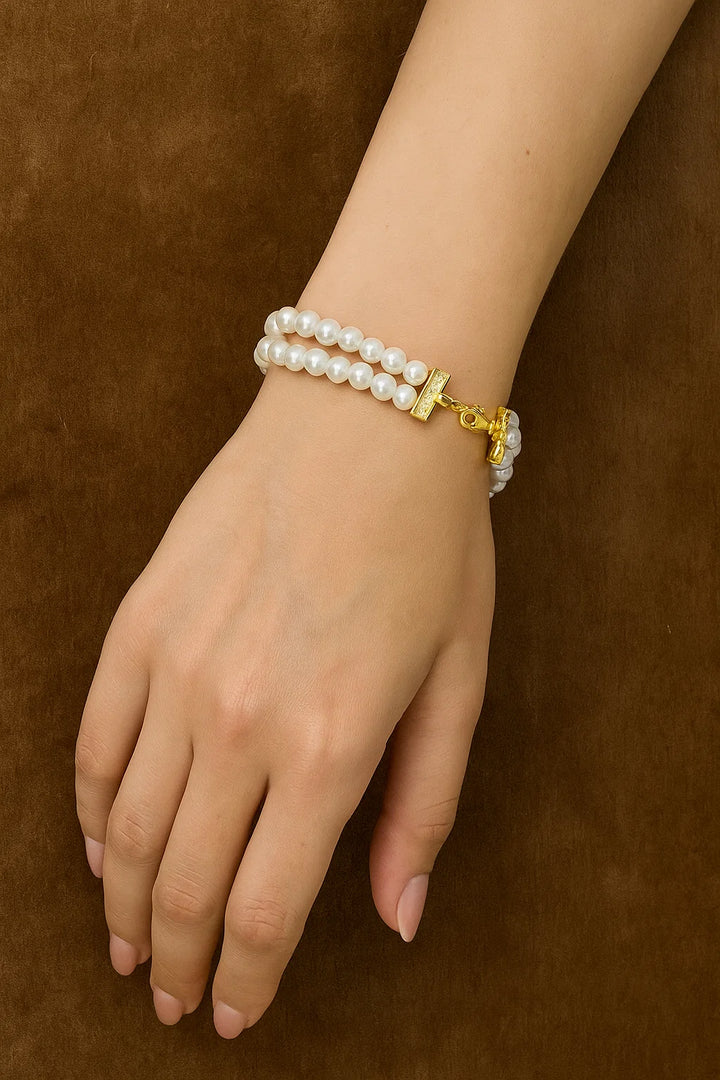 Double Layer Classic Pearl Bracelet Elegant White Pearls with Gold Clasp