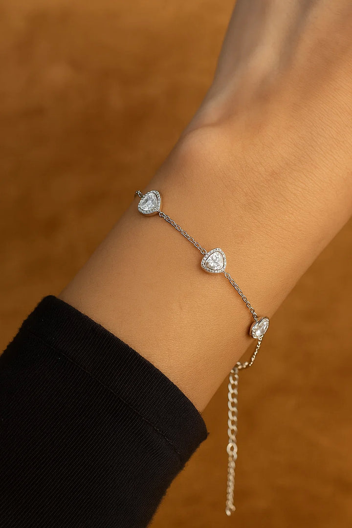 Sparkling Heart CZ Bracelet Silver Plated Elegant Chain Bracelet