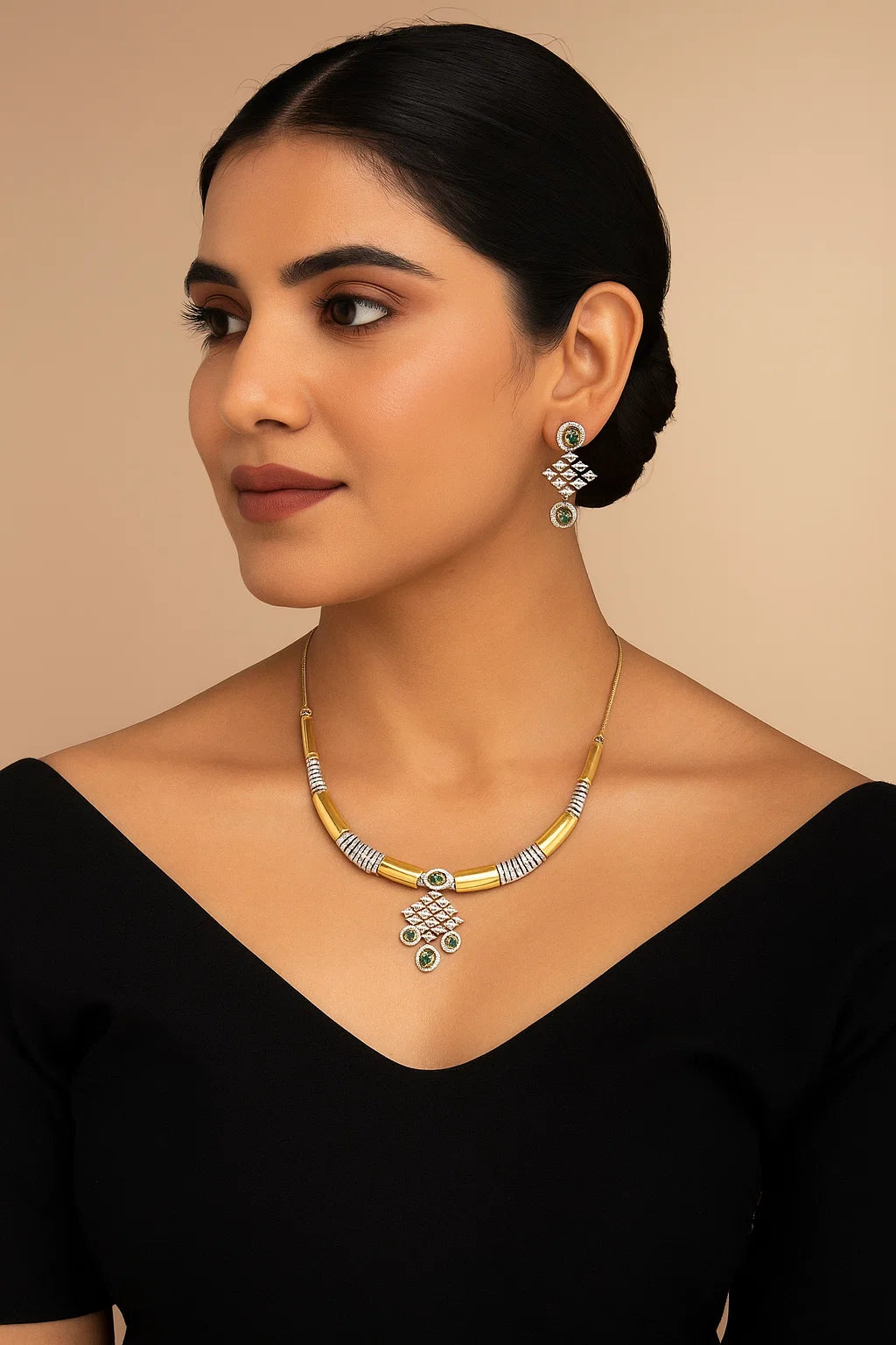 Elegant Gold & CZ Emerald Stone Necklace Set