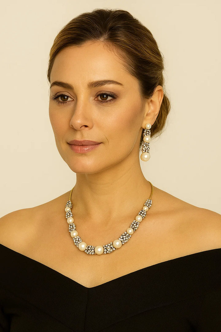 Elegant Pearl & CZ Diamond Necklace Set