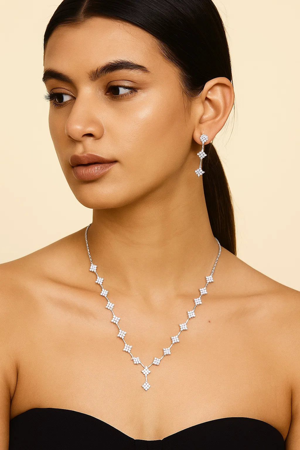 Delicate CZ Diamond Flower Necklace Set