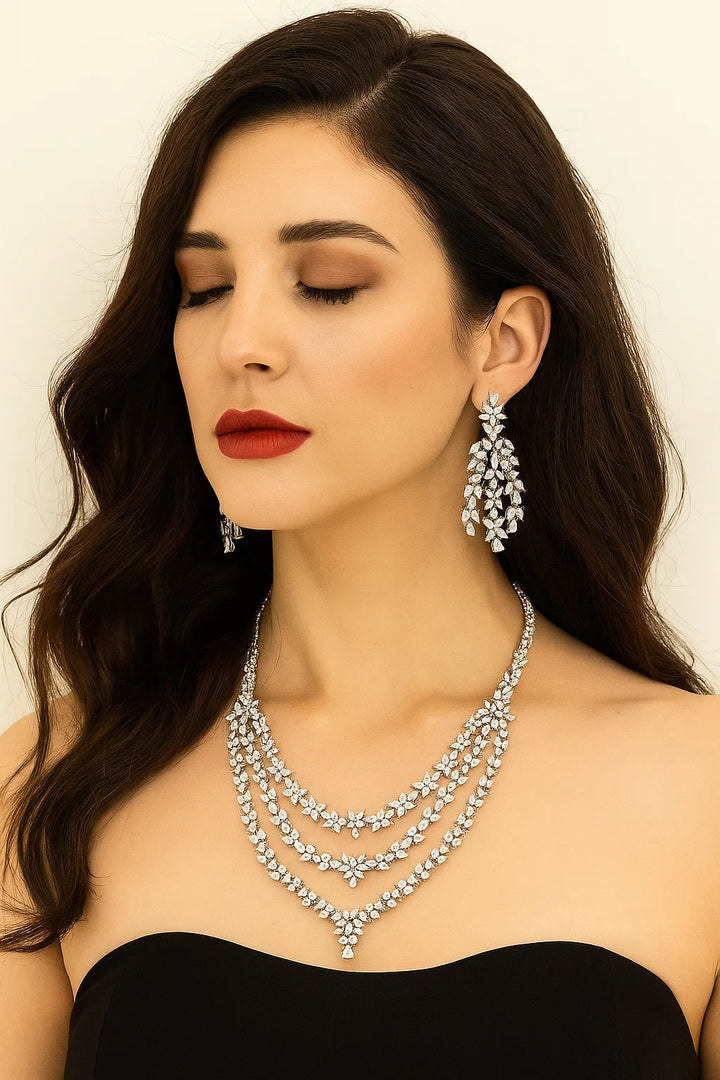 Triple Layer CZ Diamond Bridal Necklace Set