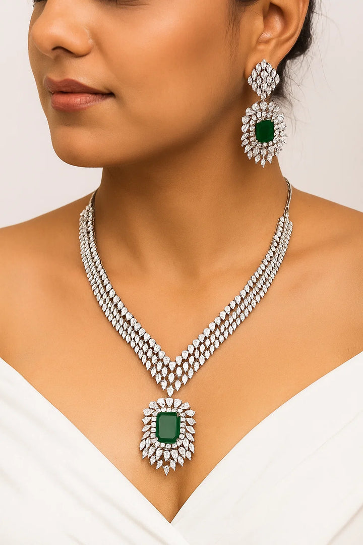 Emerald CZ Diamond Premium Bridal Necklace Set