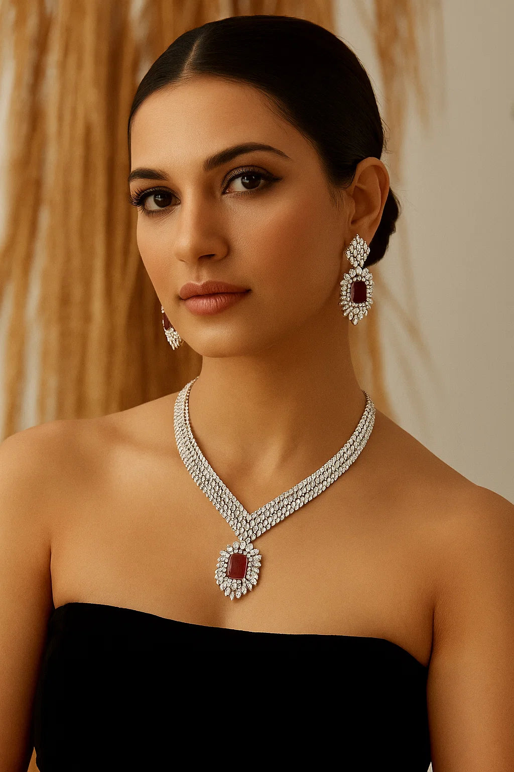 Ruby CZ Diamond Premium Bridal Necklace Set
