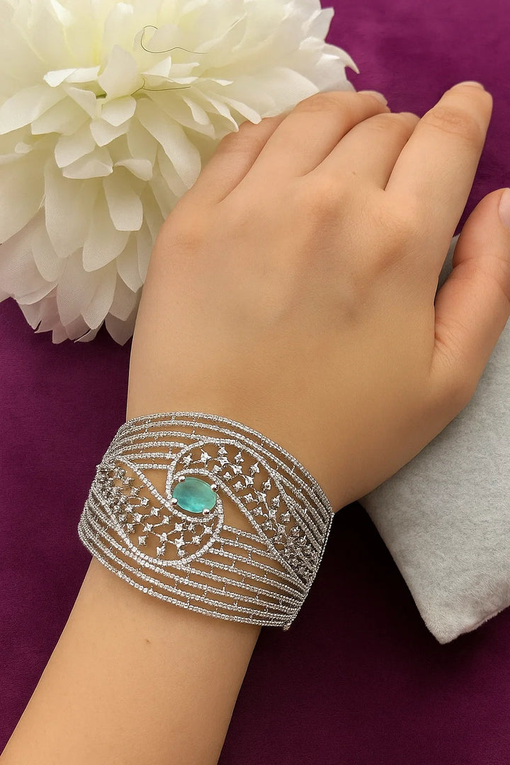 Luxury Silver Finish Aqua Stone Openable Bracelet Premium Party & Bridal Wear