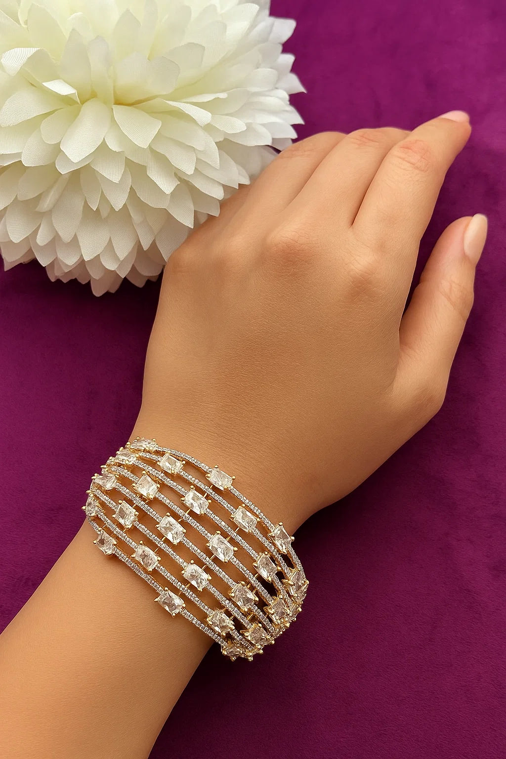 Premium American Diamond Multi-Line Openable Bracelet Gold Finish