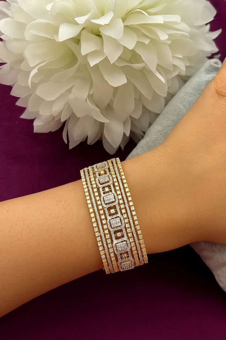 Premium Square-Cut American Diamond Multi-Line Openable Bracelet  Gold Finish