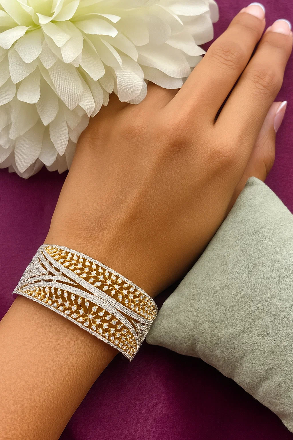 Premium Two-Tone American Diamond Designer Openable Bracelet Gold & Silver Finish