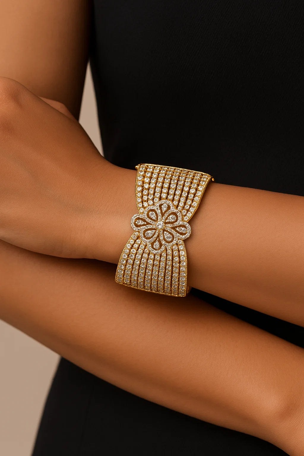 Premium Floral American Diamond Grand Openable Bracelet Gold Finish
