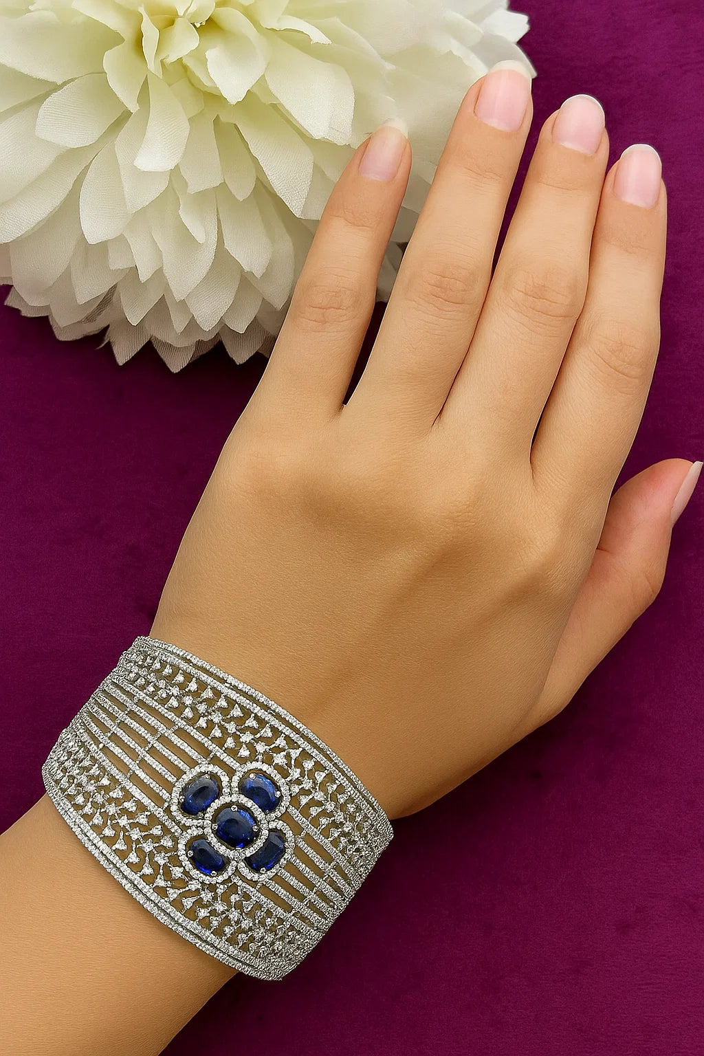 Premium Blue Stone American Diamond Openable Bracelet Silver Finish