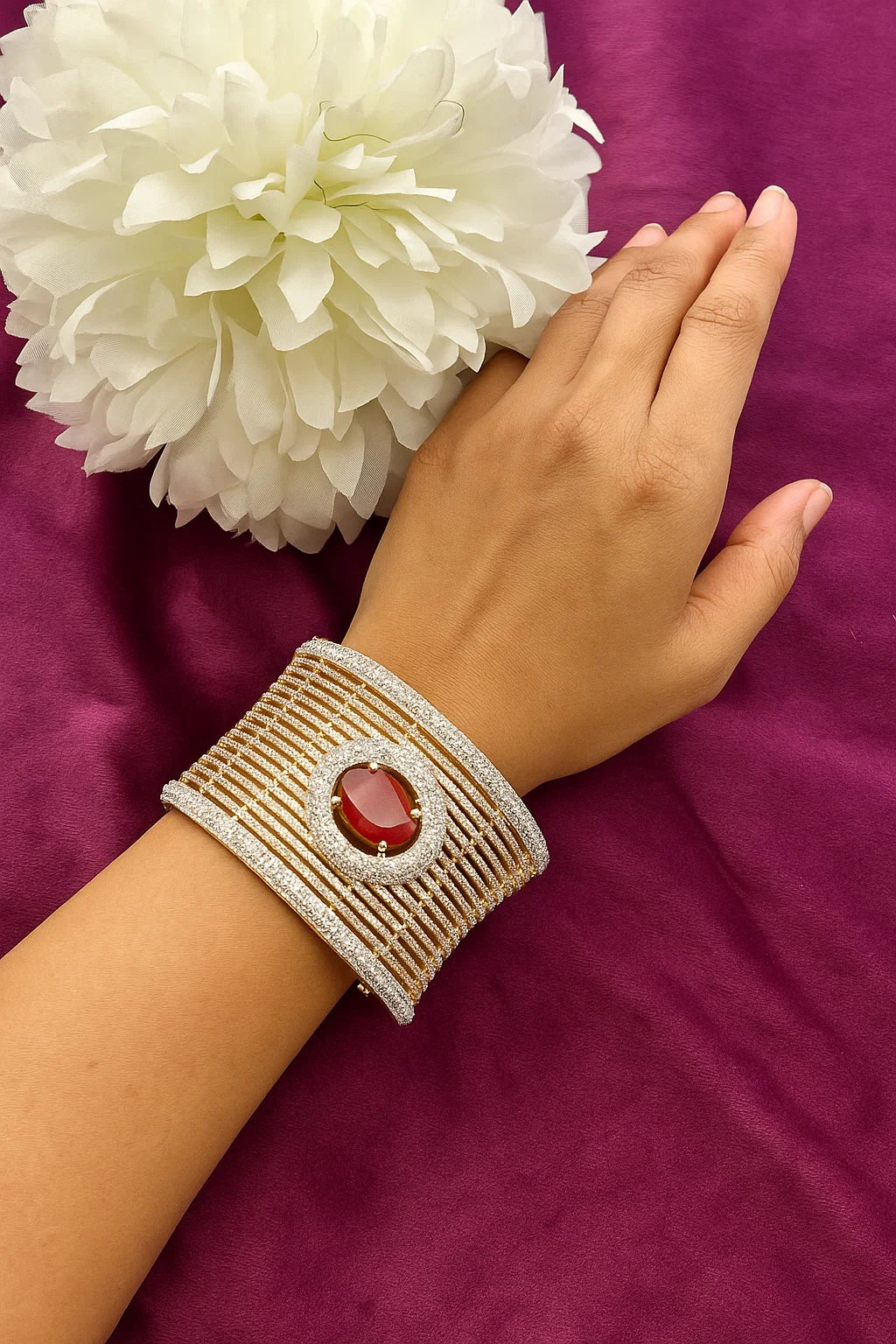 Premium Ruby Stone American Diamond Grand Openable Bracelet Gold & Silver Finish