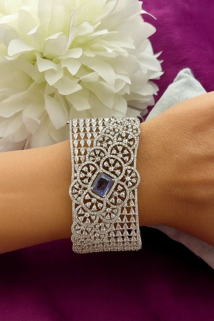 Premium Purple Stone American Diamond Openable Bracelet – Silver Finish