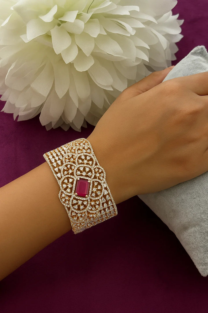 Premium Ruby Stone Filigree American Diamond Openable Bracelet Gold & Silver Finish