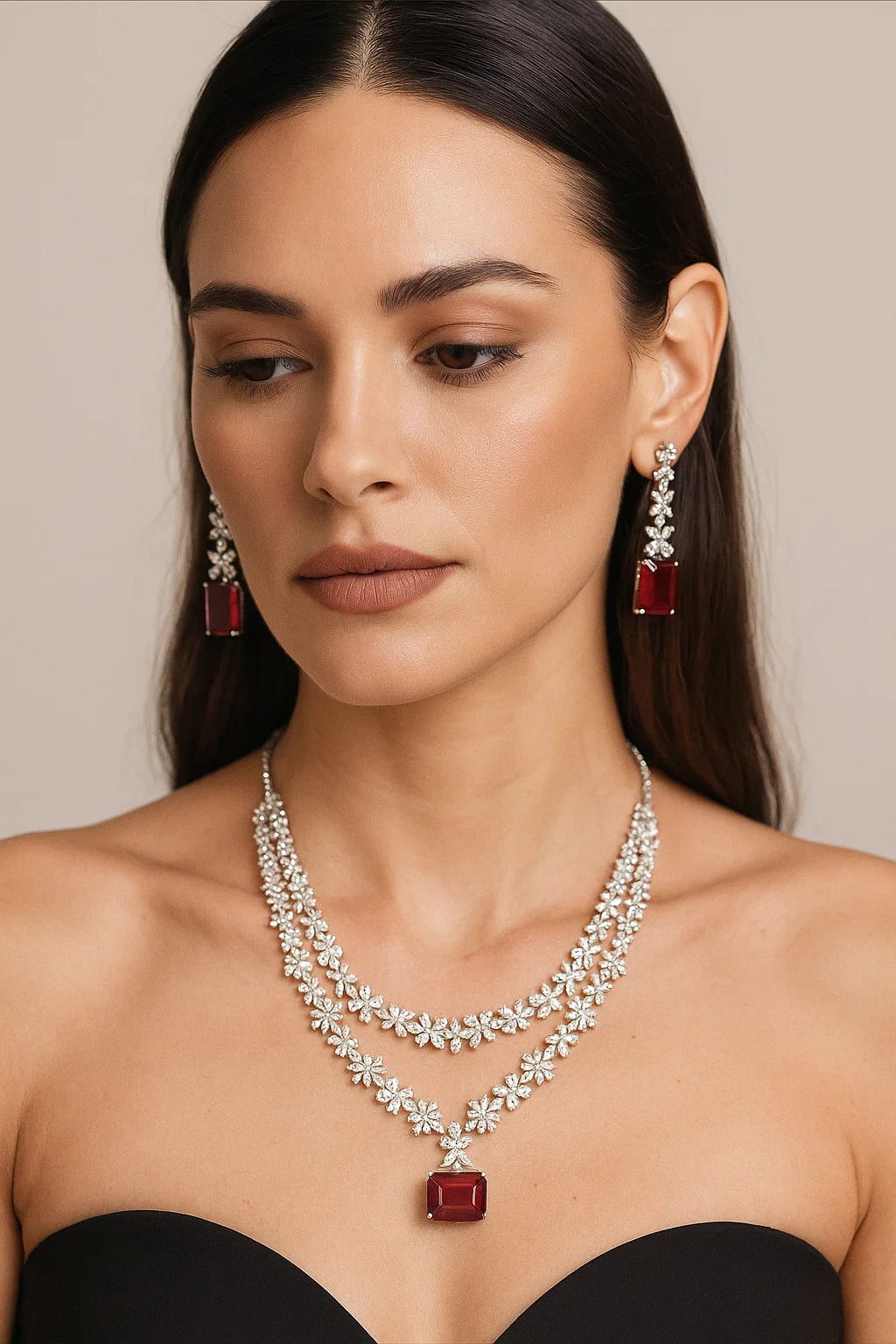 Double Layer CZ Diamond & Ruby Pendant Necklace Set