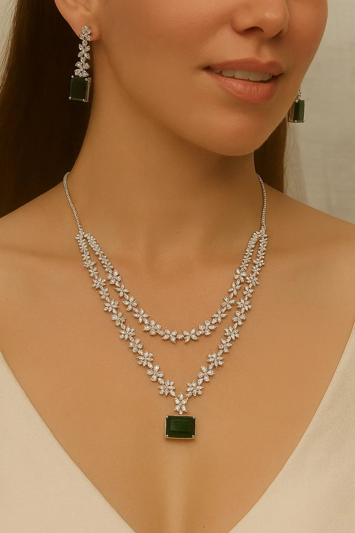 Double Layer CZ Diamond & Emerald Pendant Necklace Set