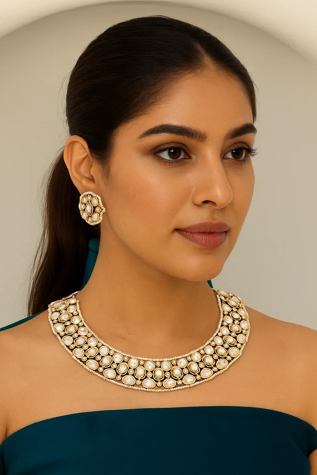 Premium Polki Kundan Choker Necklace Set (Earrings Included)