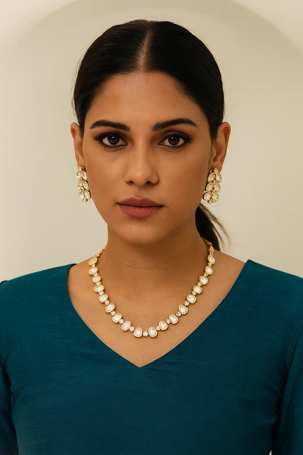 Elegant Lightweight Polki Kundan Necklace Set (With Earrings)