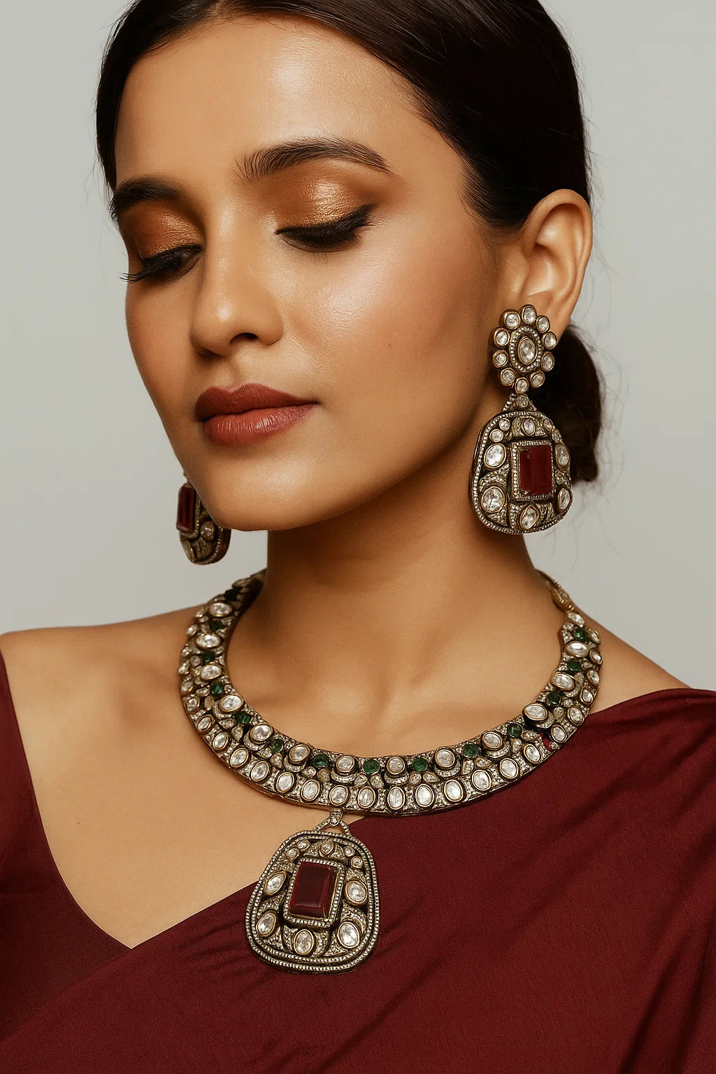 Ruby Green Premium Kundan Necklace Set with Big Pendant & Earrings