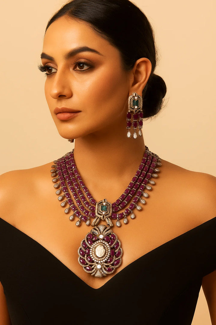 Royal Ruby–Green Heavy Bridal Kundan Necklace Set (Premium Long Earrings)