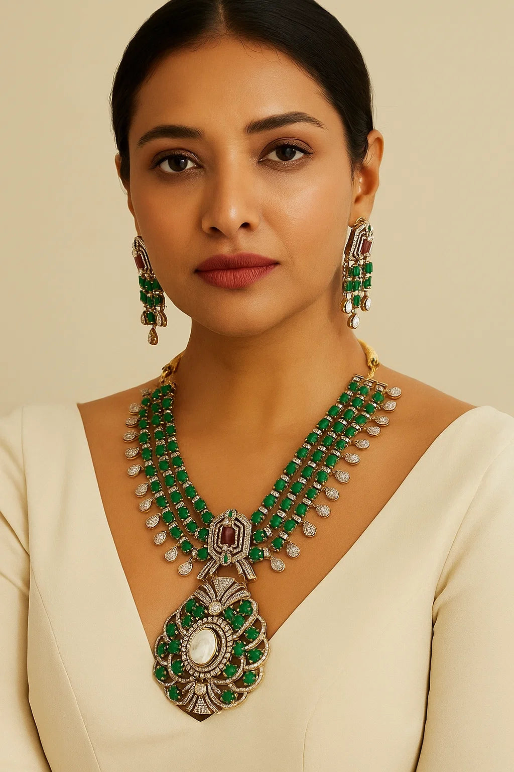 Royal Green–Ruby Heavy Bridal Kundan Necklace Set (Long Earrings Included)