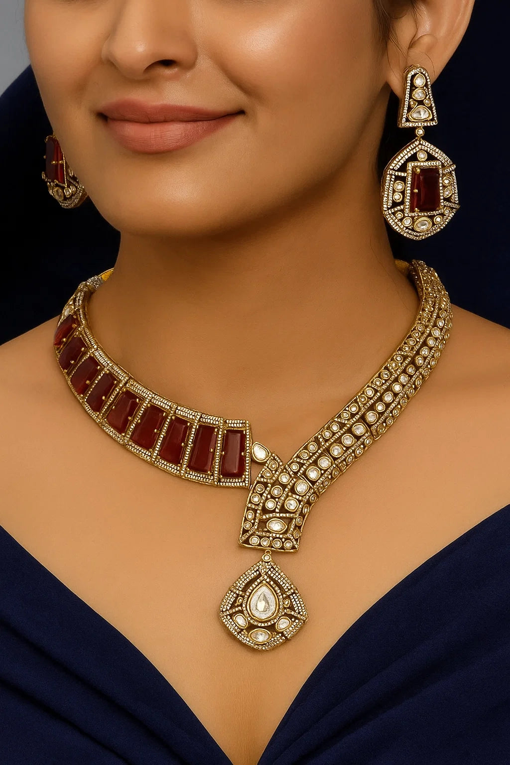 Royal Ruby Rectangle Kundan Necklace Set with Earrings