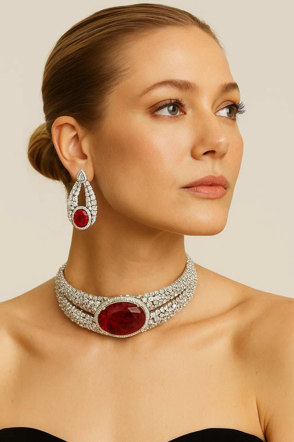 Luxury Ruby Oval Stone Diamond Choker Set