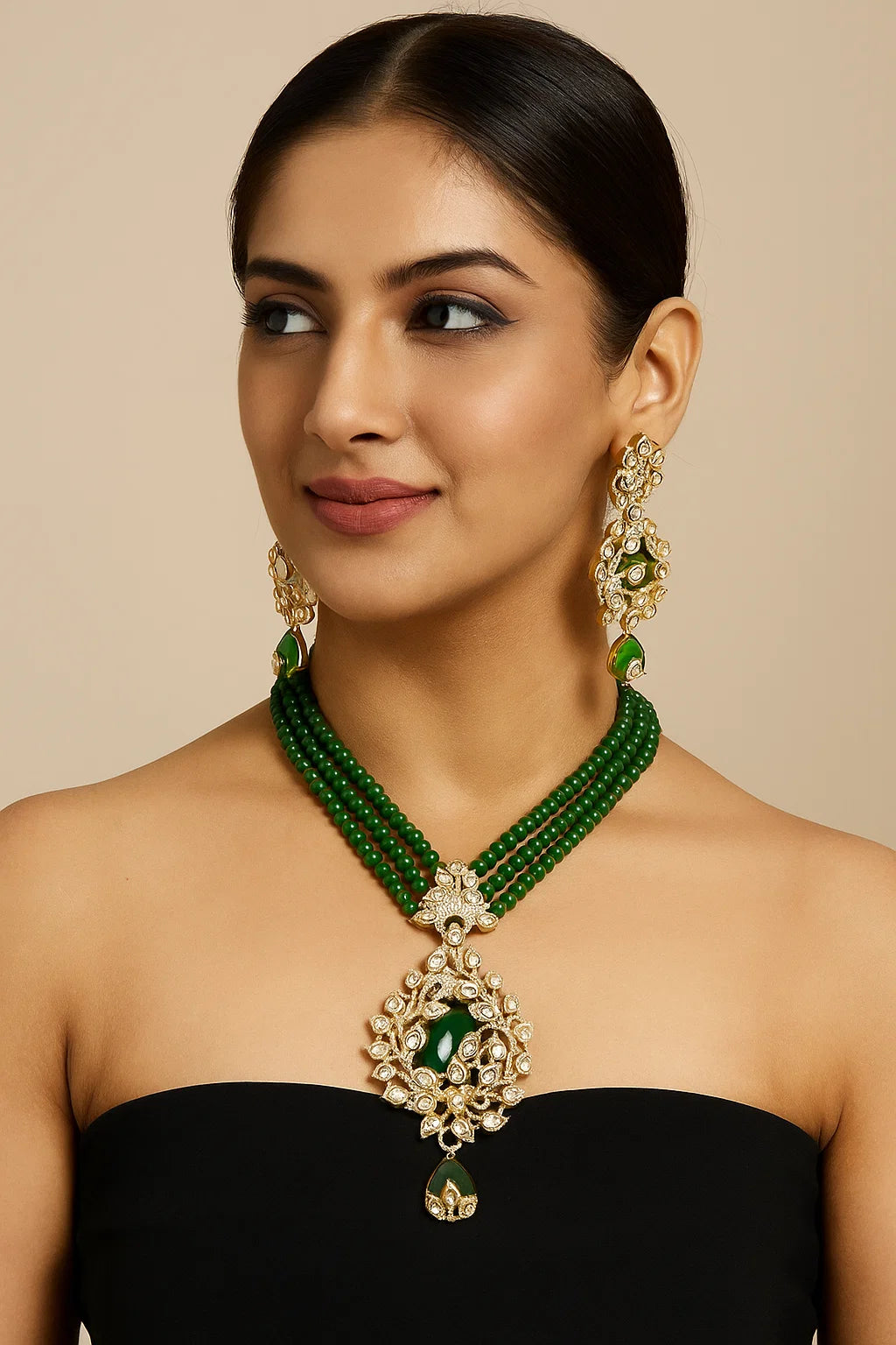 Emerald Green Beads Necklace Set with Heavy Kundan Pendant