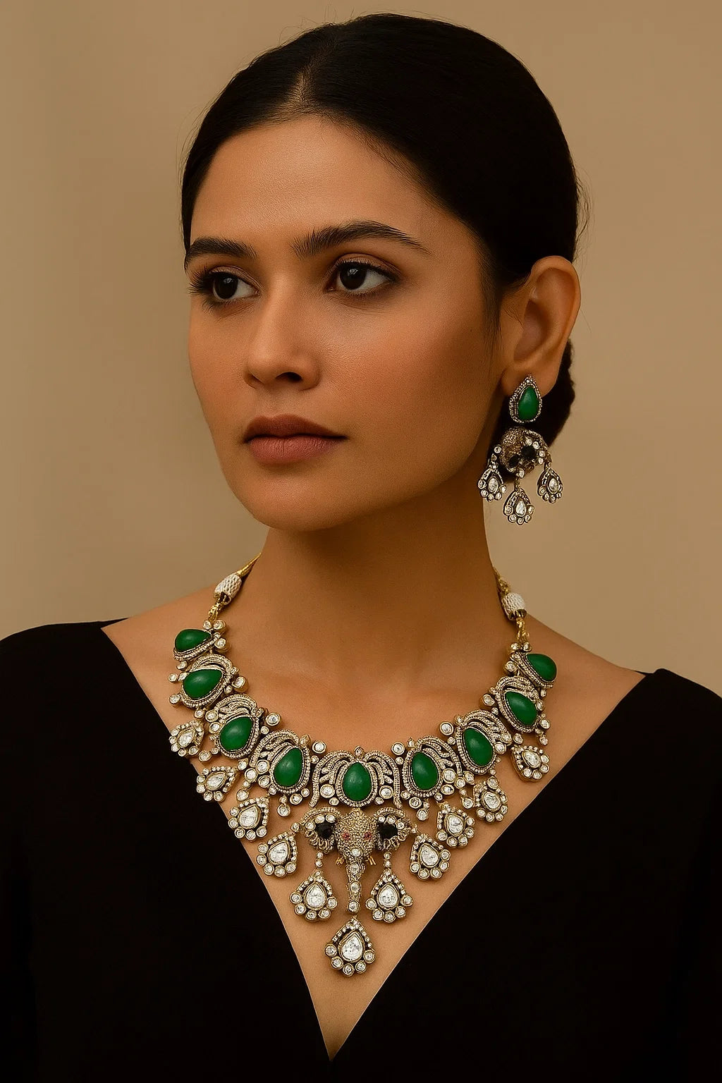 Bridal Emerald Green Kundan Heavy Necklace Set