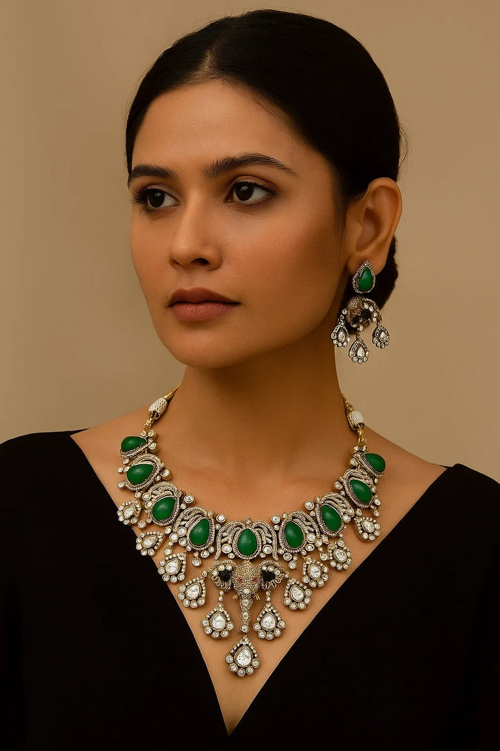 Bridal Emerald Green Kundan Heavy Necklace Set