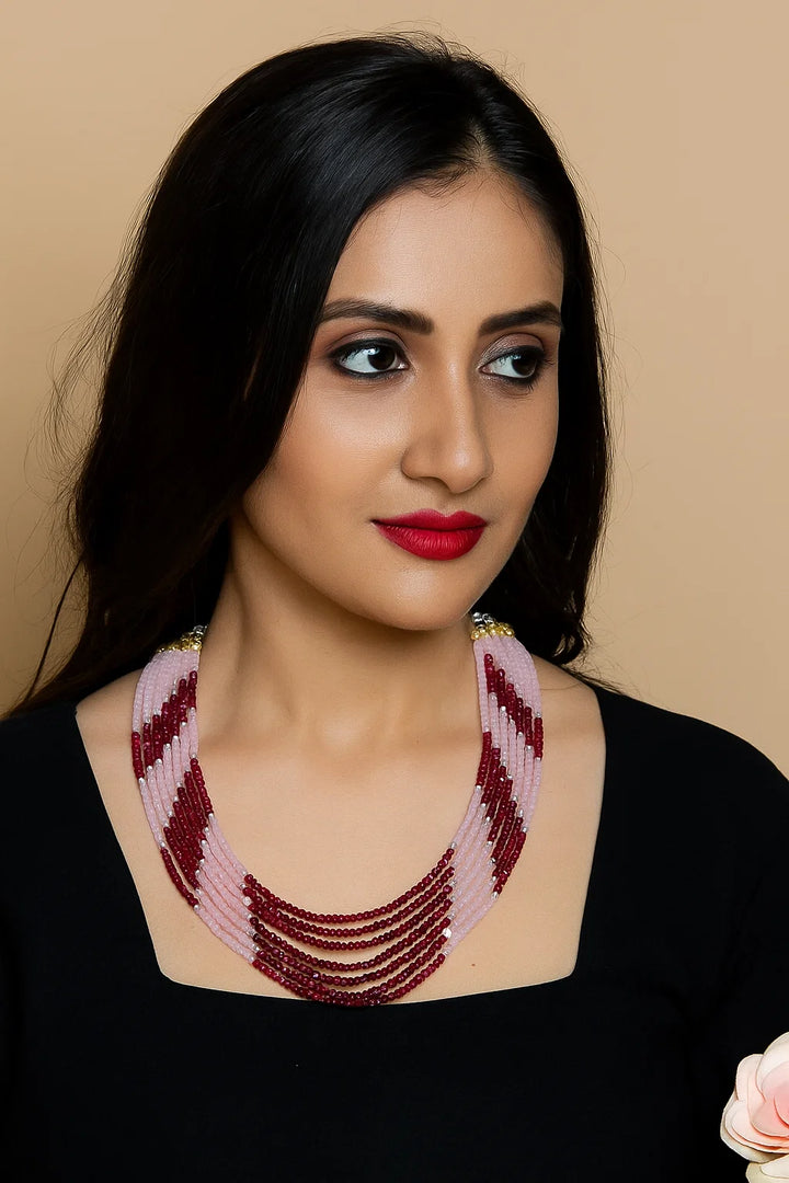 Pink & Maroon Multi-Layer Beaded Pearl Necklace