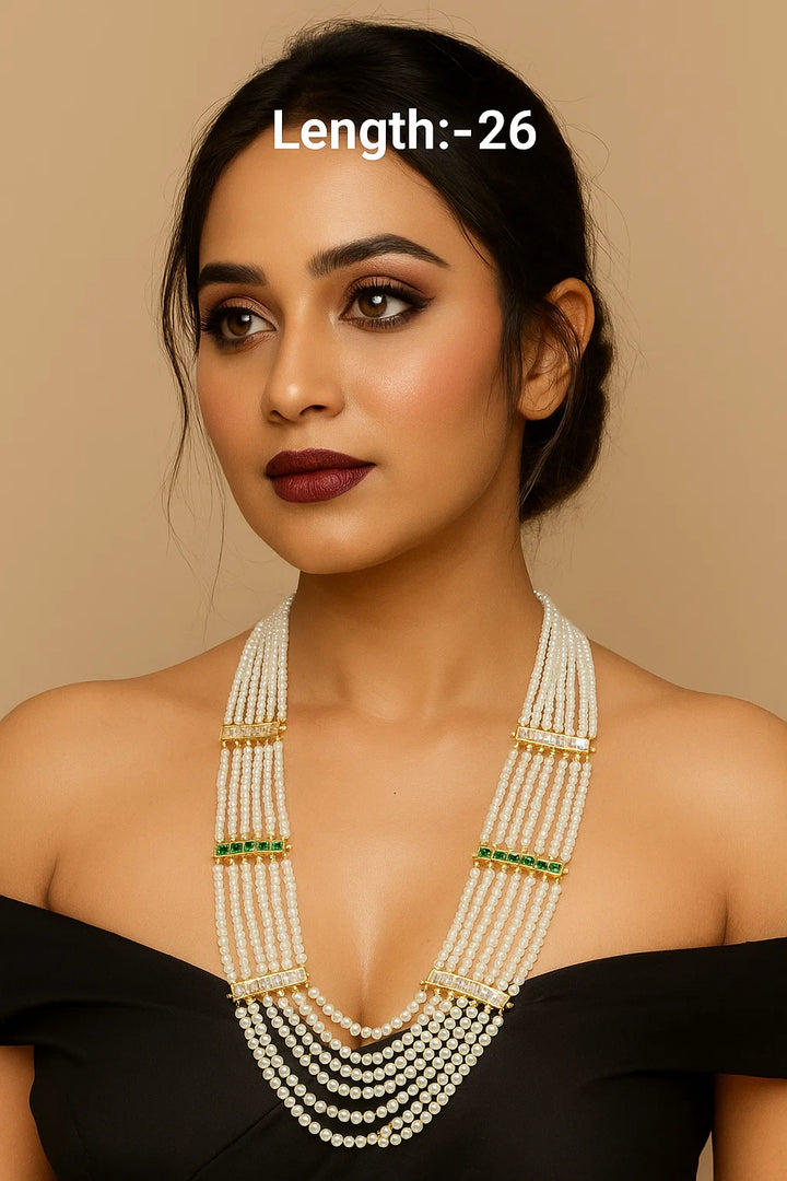 Multi-Layer Pearl Mala with Kundan & Green Stone Separators – 26 Inch Elegant Necklace