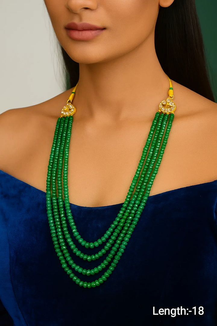 Green Multi-Layer Faceted Bead Mala with Kundan Side Motifs  18 Inch Designer Necklace